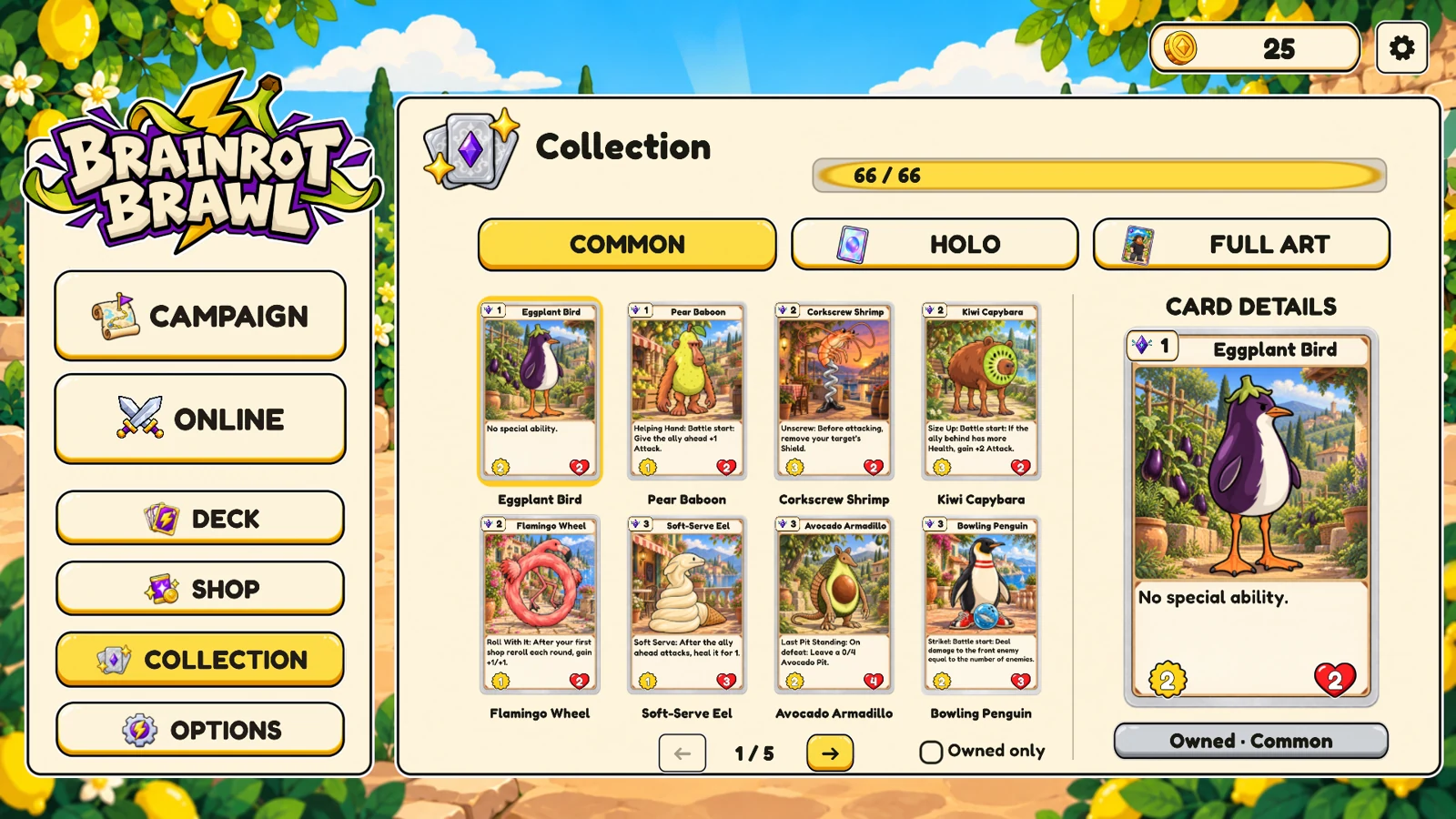 The Brainrot Brawl collection screen showing cards and character abilities