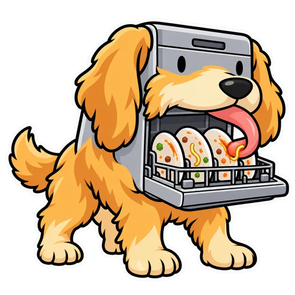 A golden dog with a dishwasher body and a rack of plates