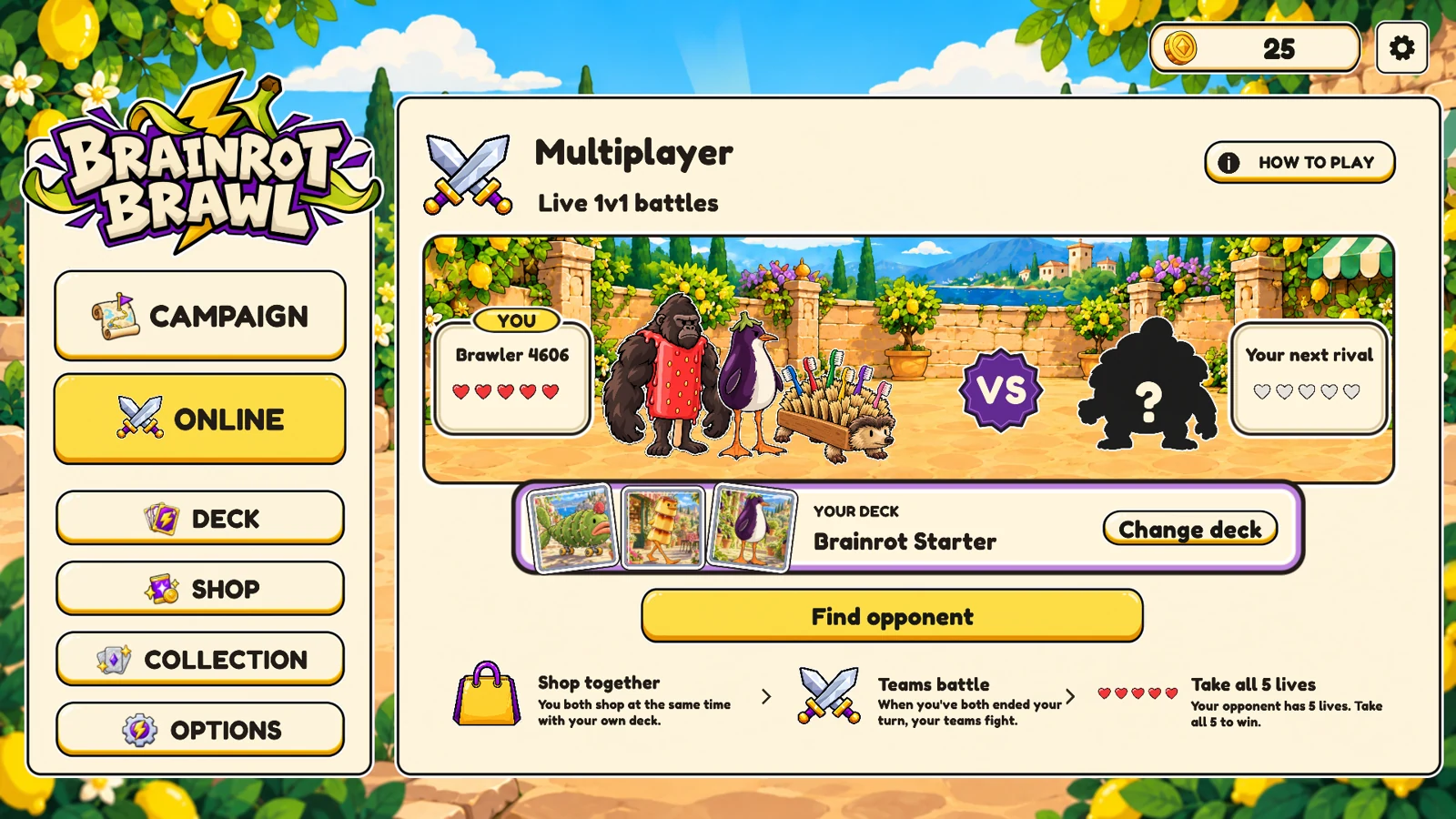 The Brainrot Brawl online lobby showing the selected deck and both players’ lives