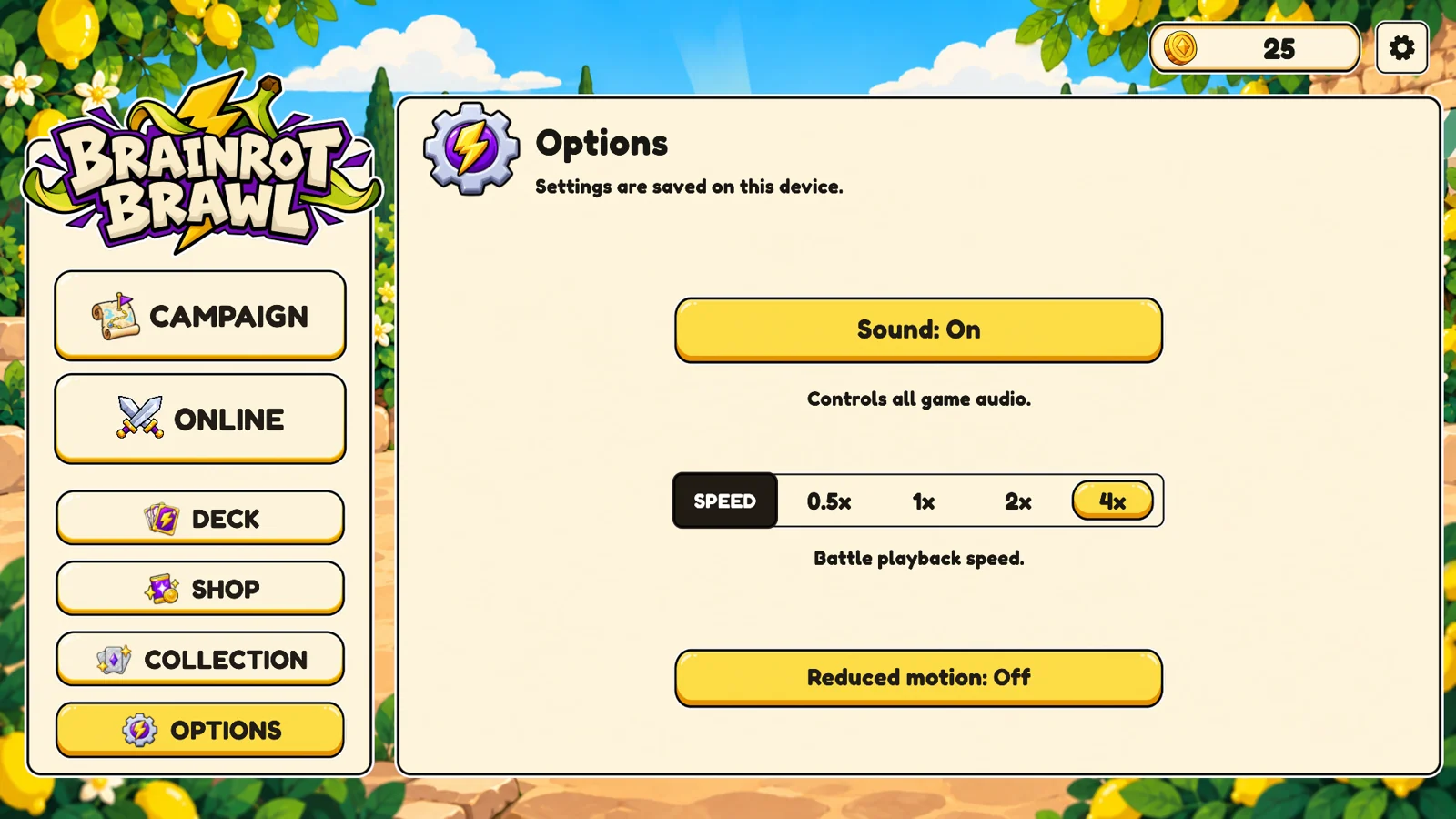 The Brainrot Brawl Options screen showing sound, playback speed and reduced motion controls