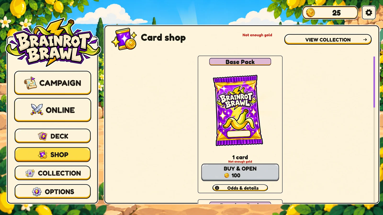 The Brainrot Brawl card shop showing a pack, its price and the Odds and details control