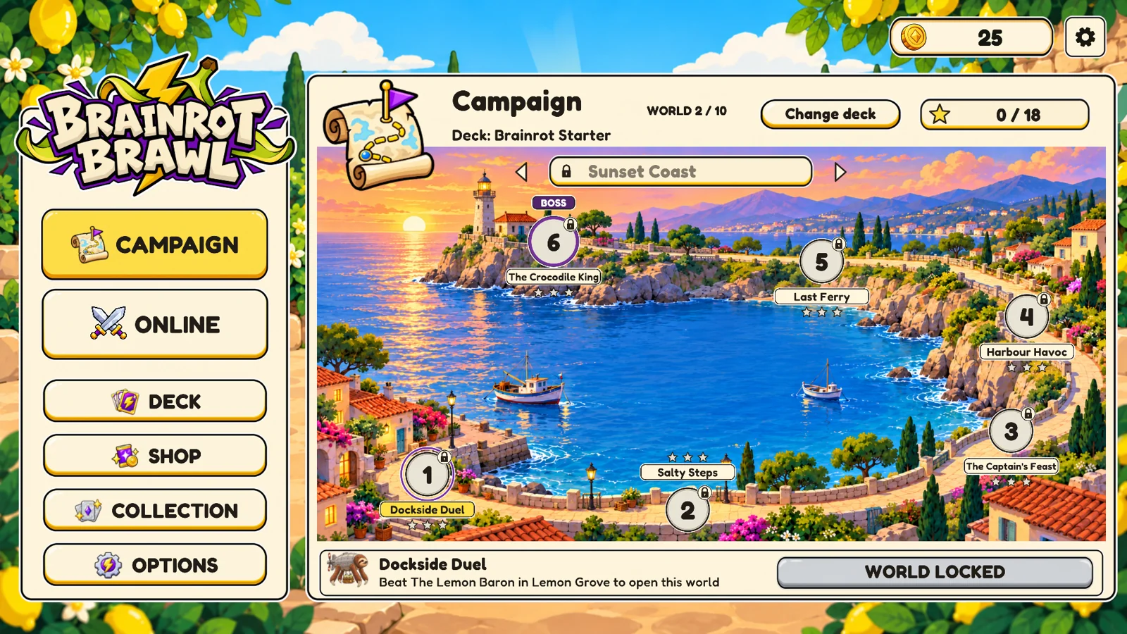 Sunset Coast campaign map with coastal paths and a lighthouse