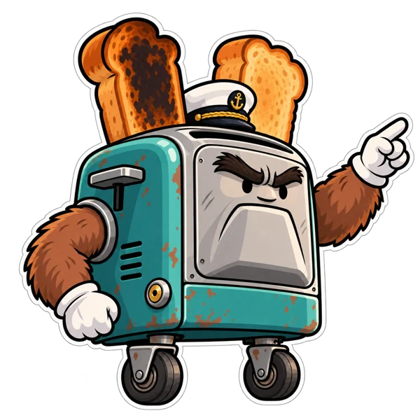 A toaster captain with toast, wheels and a sailor hat